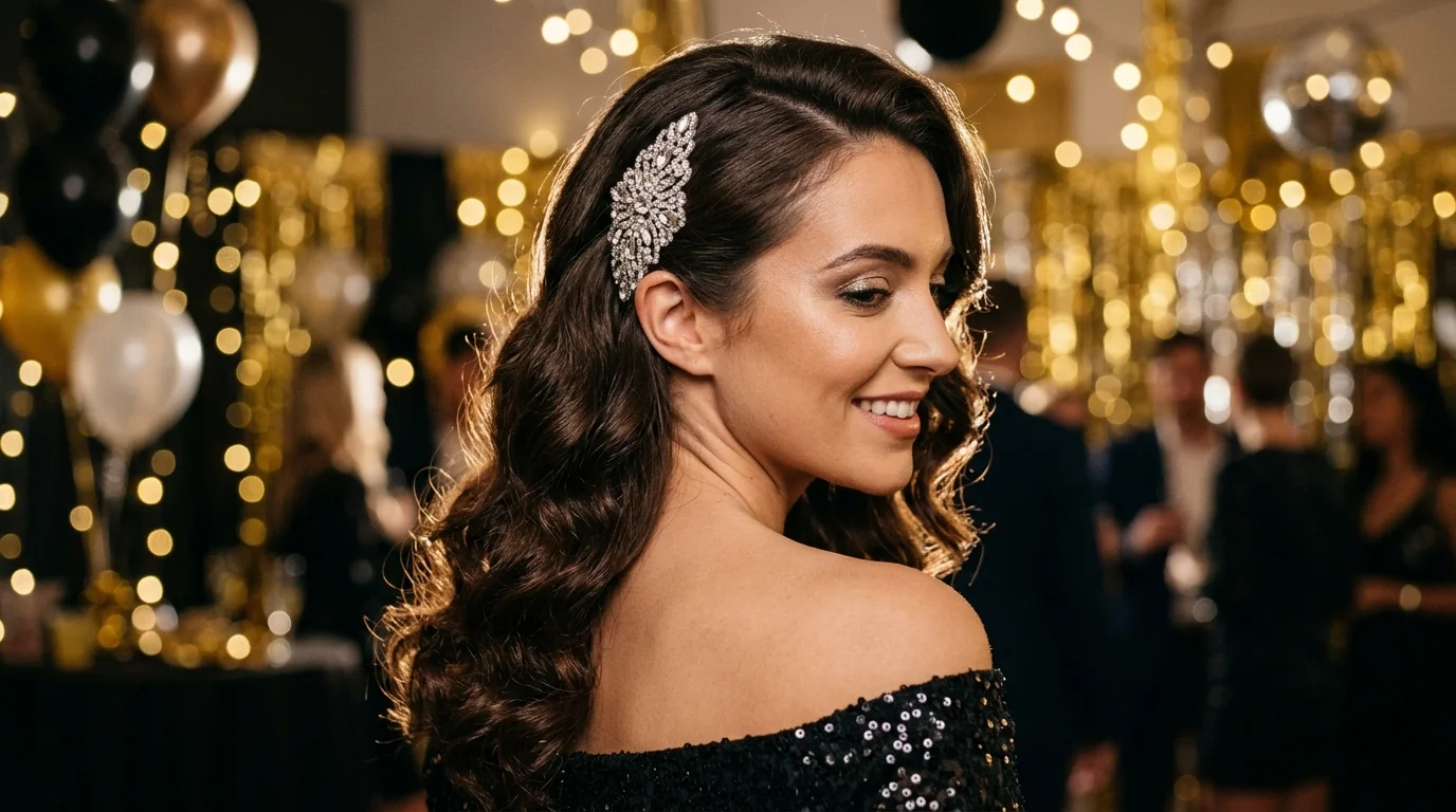 Side swept curls rhinestone barrette nye hairstyles 2027