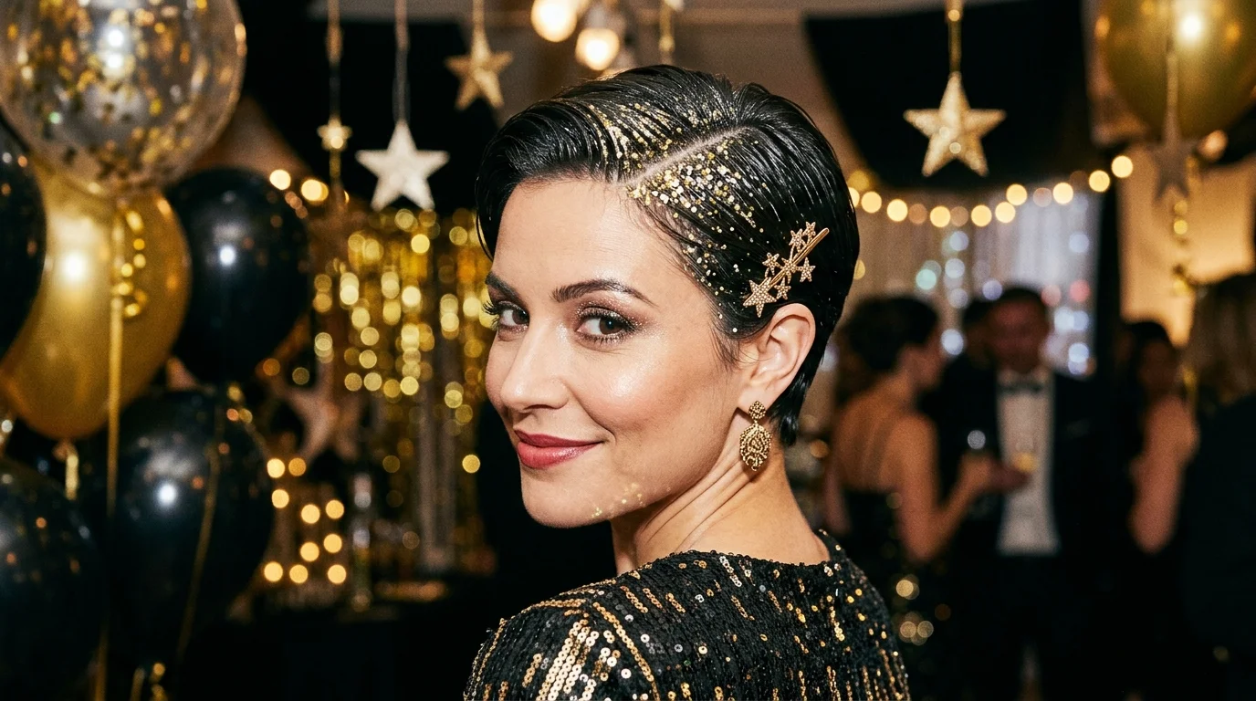 Pixie glitter part sleek finish nye hairstyles 2027 short hair