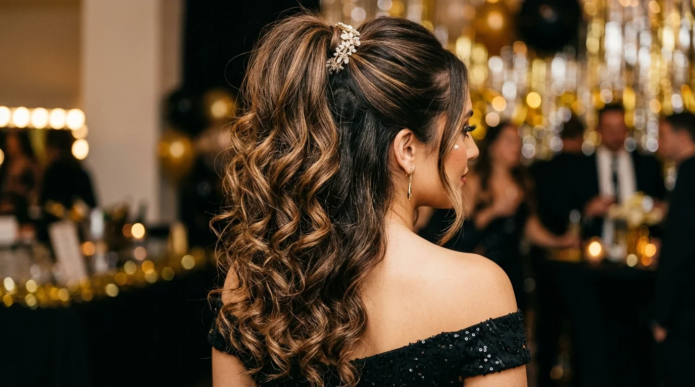 High half ponytail cascading curls nye hairstyles 2027 party hair