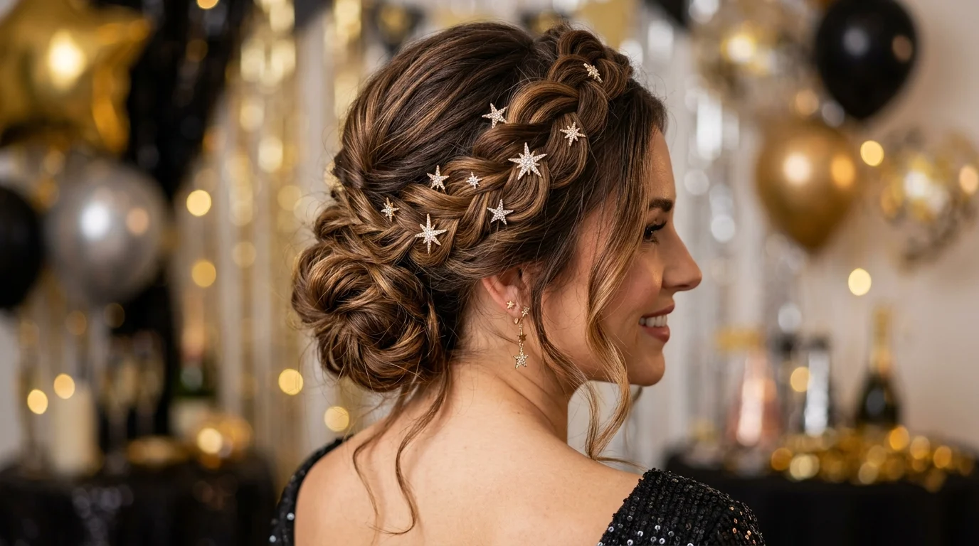 Twisted halo updo star pins nye hairstyles 2027 festive look