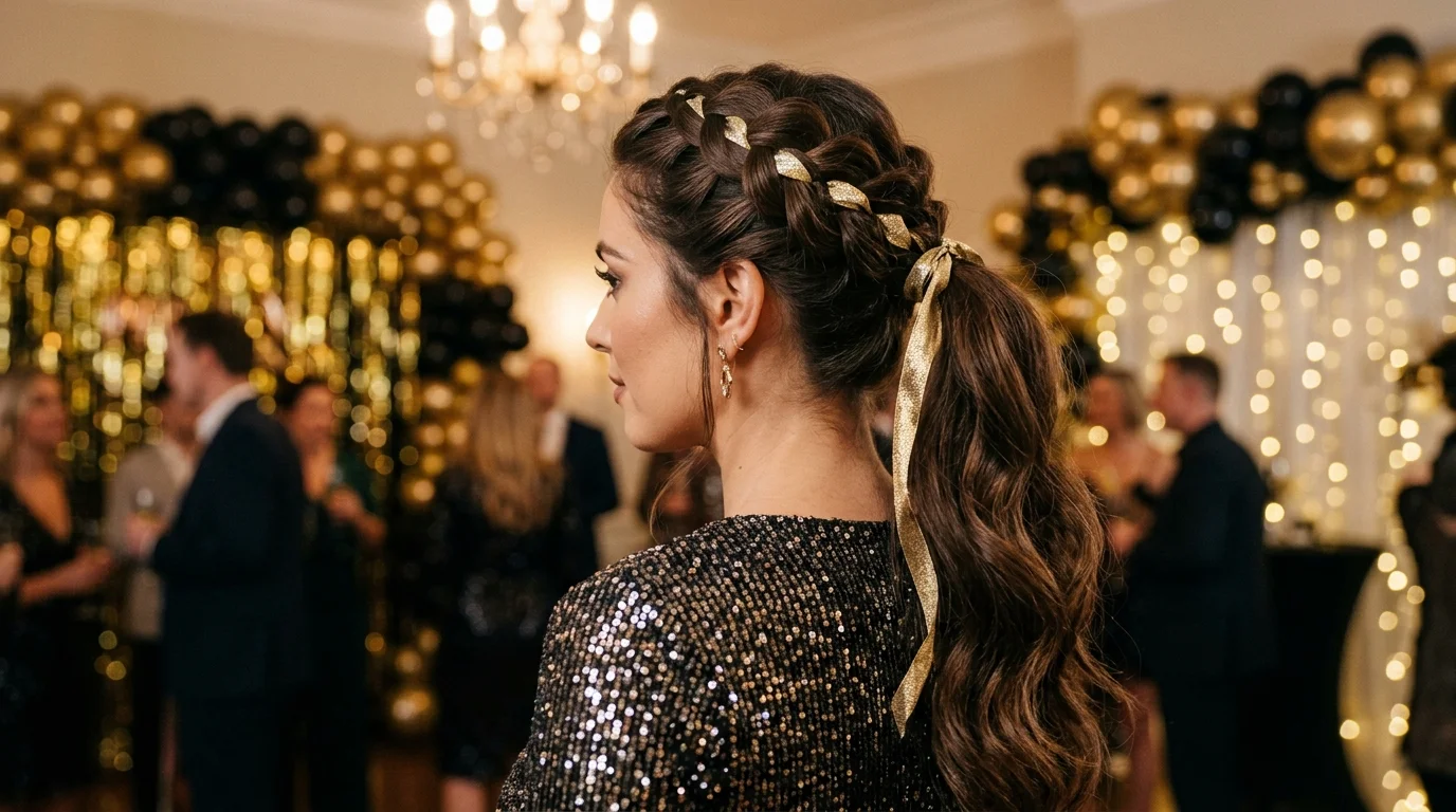 Braided ponytail ribbon weave nye hairstyles 2027 long hair party