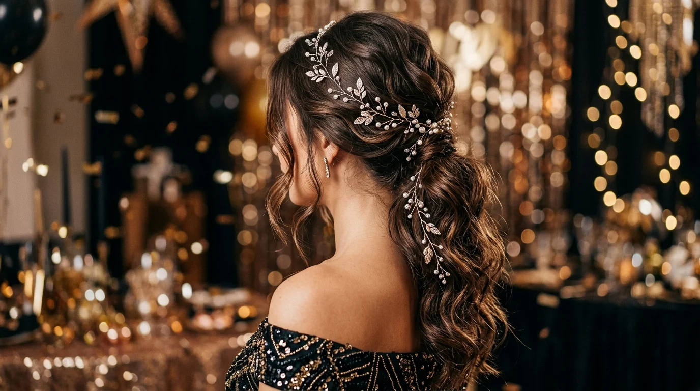 Soft low ponytail pearl hair vine nye hairstyles 2027 elegant