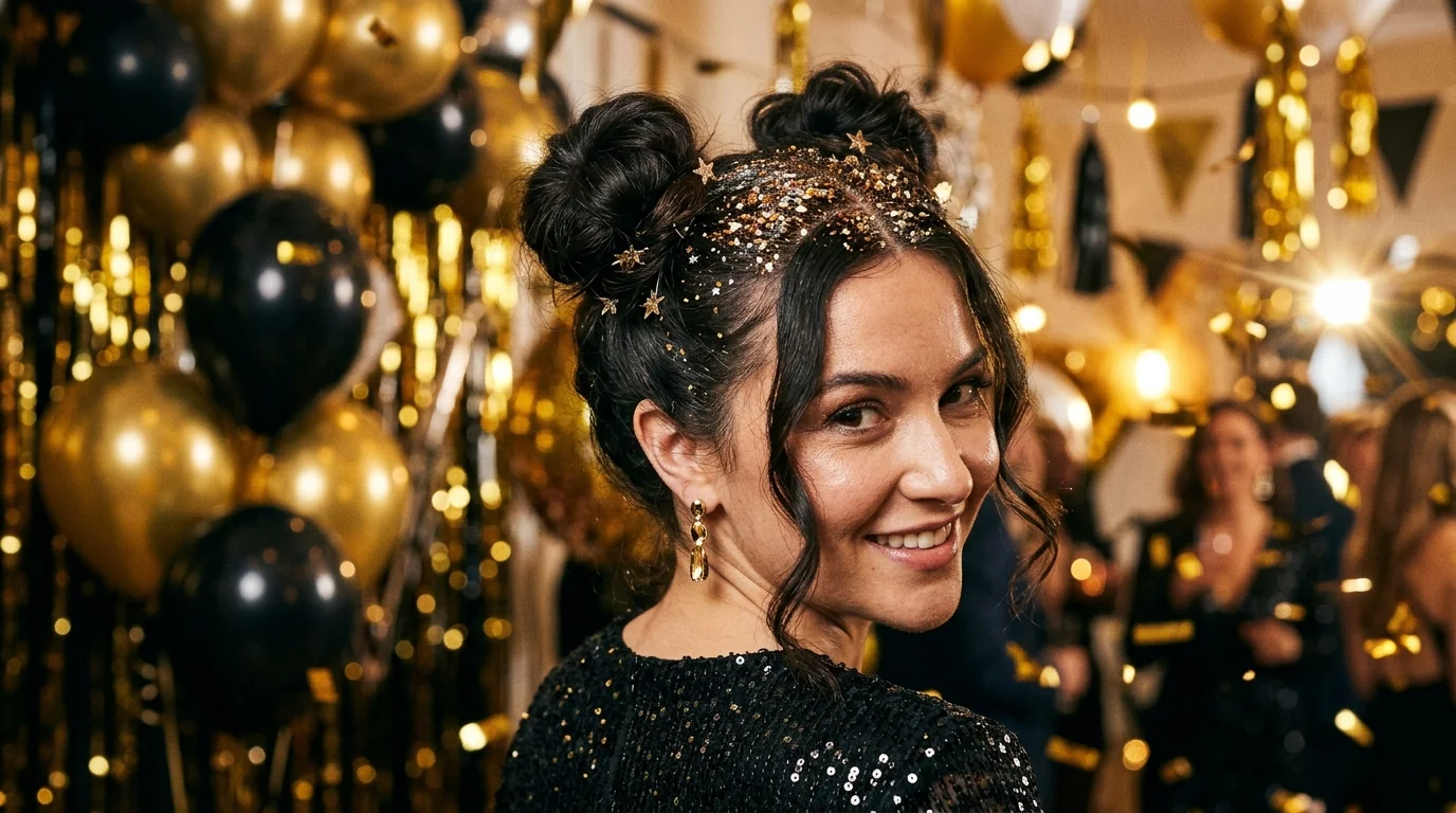 Space buns glitter roots nye hairstyles 2027 fun party hair