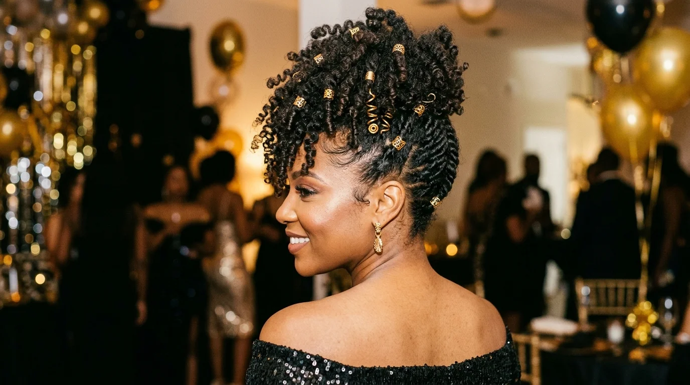 Curly pineapple updo gold cuffs nye hairstyles 2027 natural hair