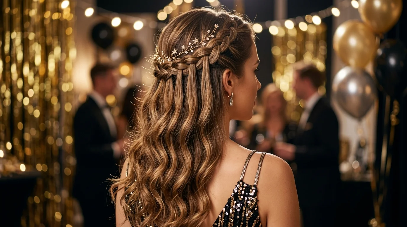 Waterfall braid loose party waves nye hairstyles 2027