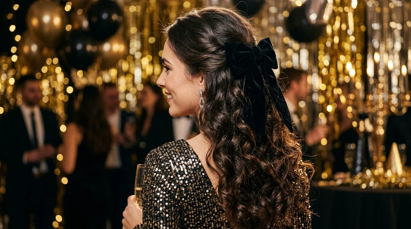 Midnight countdown curls velvet bow nye hairstyles 2027 party curls