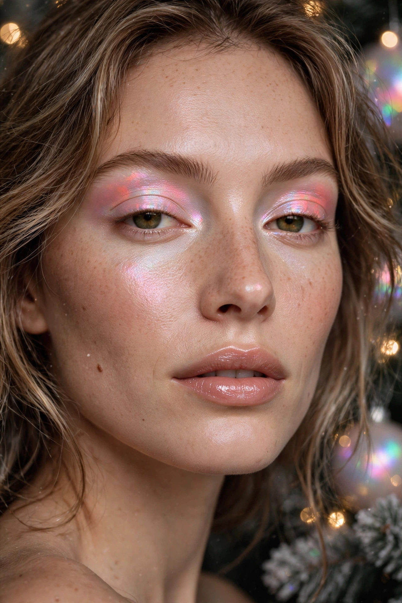 Opalescent makeup idea 1 - sheer pearl opal duochrome eyeshadow wash shifting pink on eyelids with glossy nude lip, holiday makeup