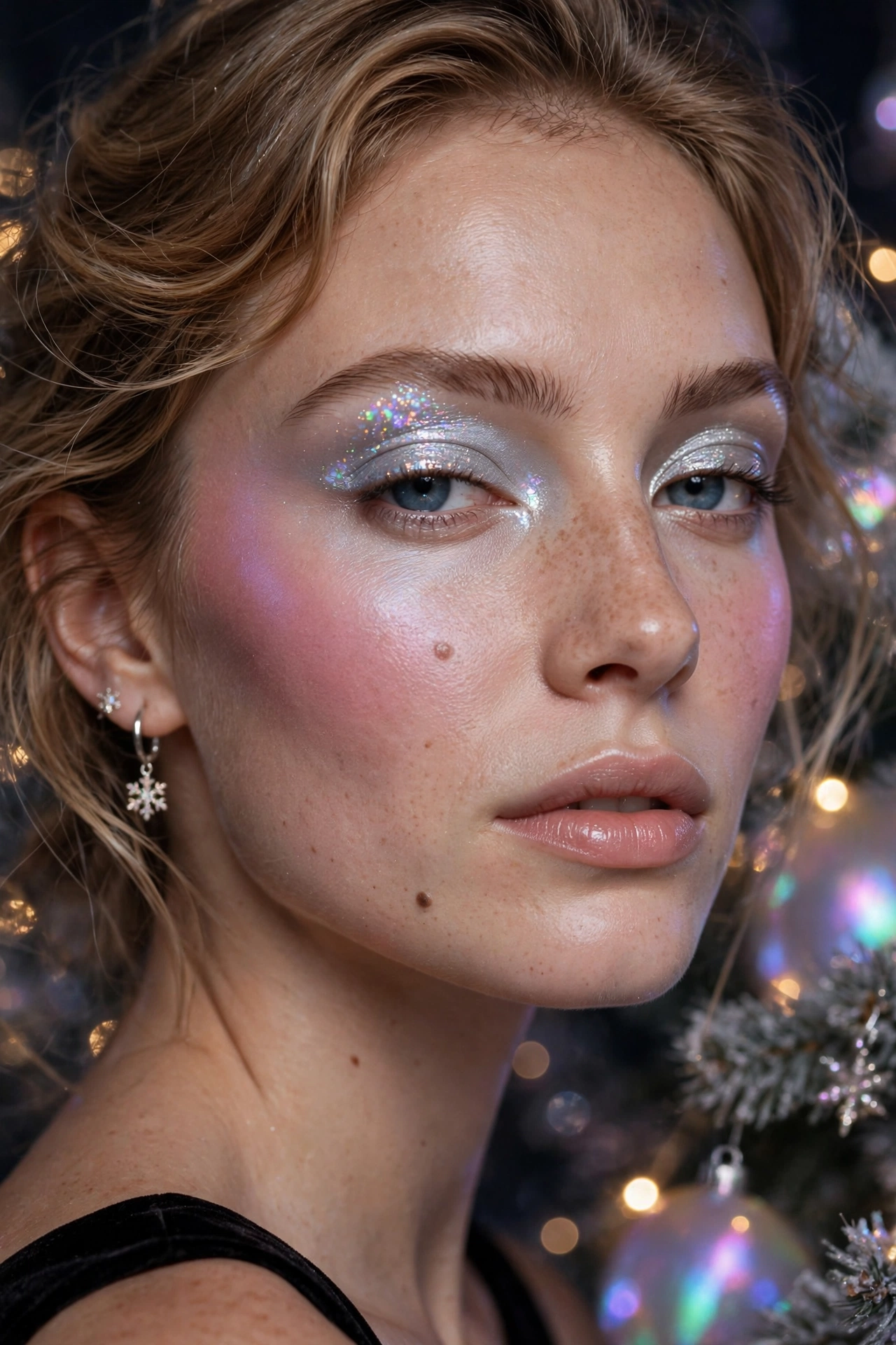 Opalescent makeup idea 2 - holographic silver eyeshadow lid with icy pink blush on cheekbones, Christmas party glam