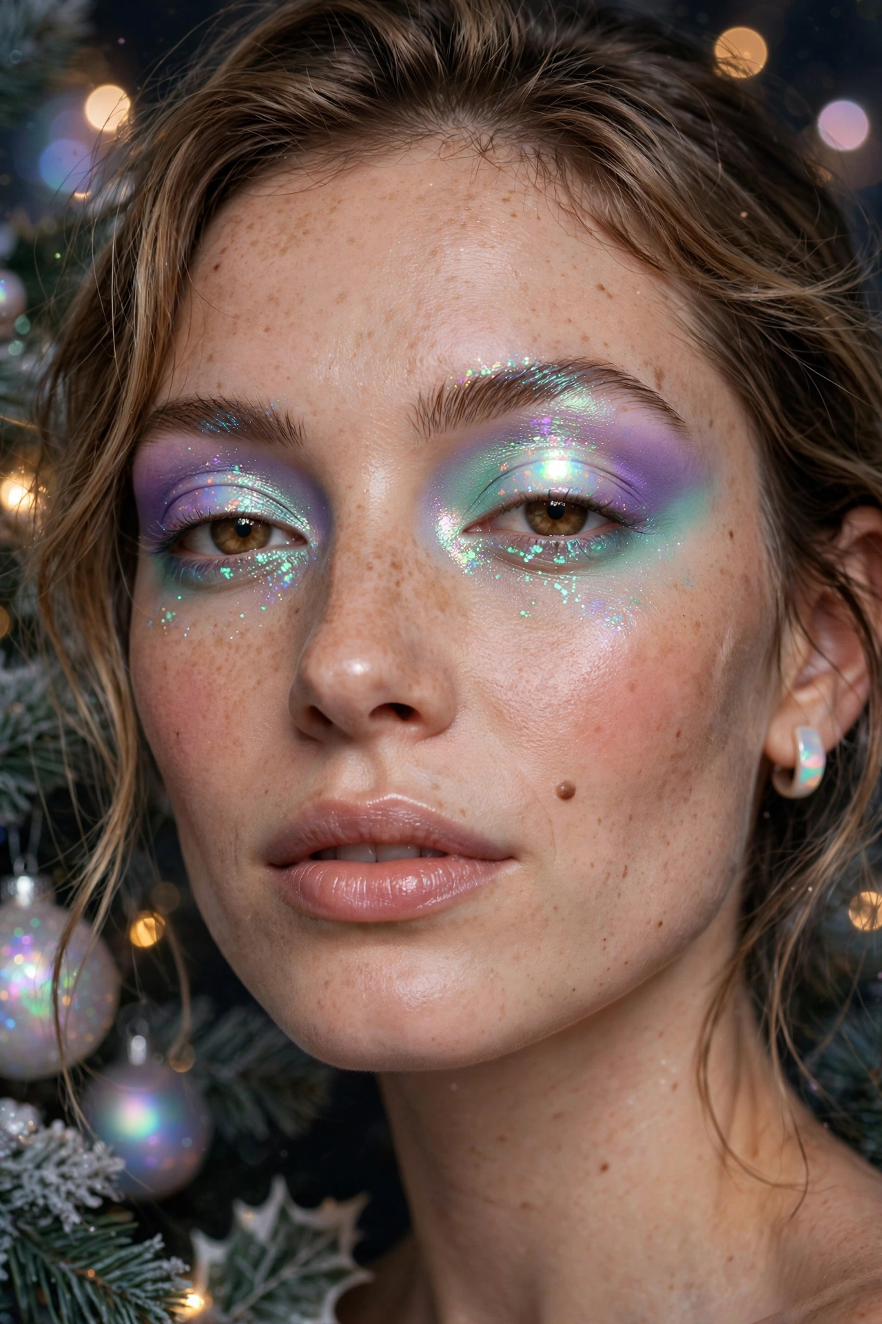 Opalescent makeup idea 3 - lilac to mint duochrome halo eye makeup with bright opal centre, holographic holiday look