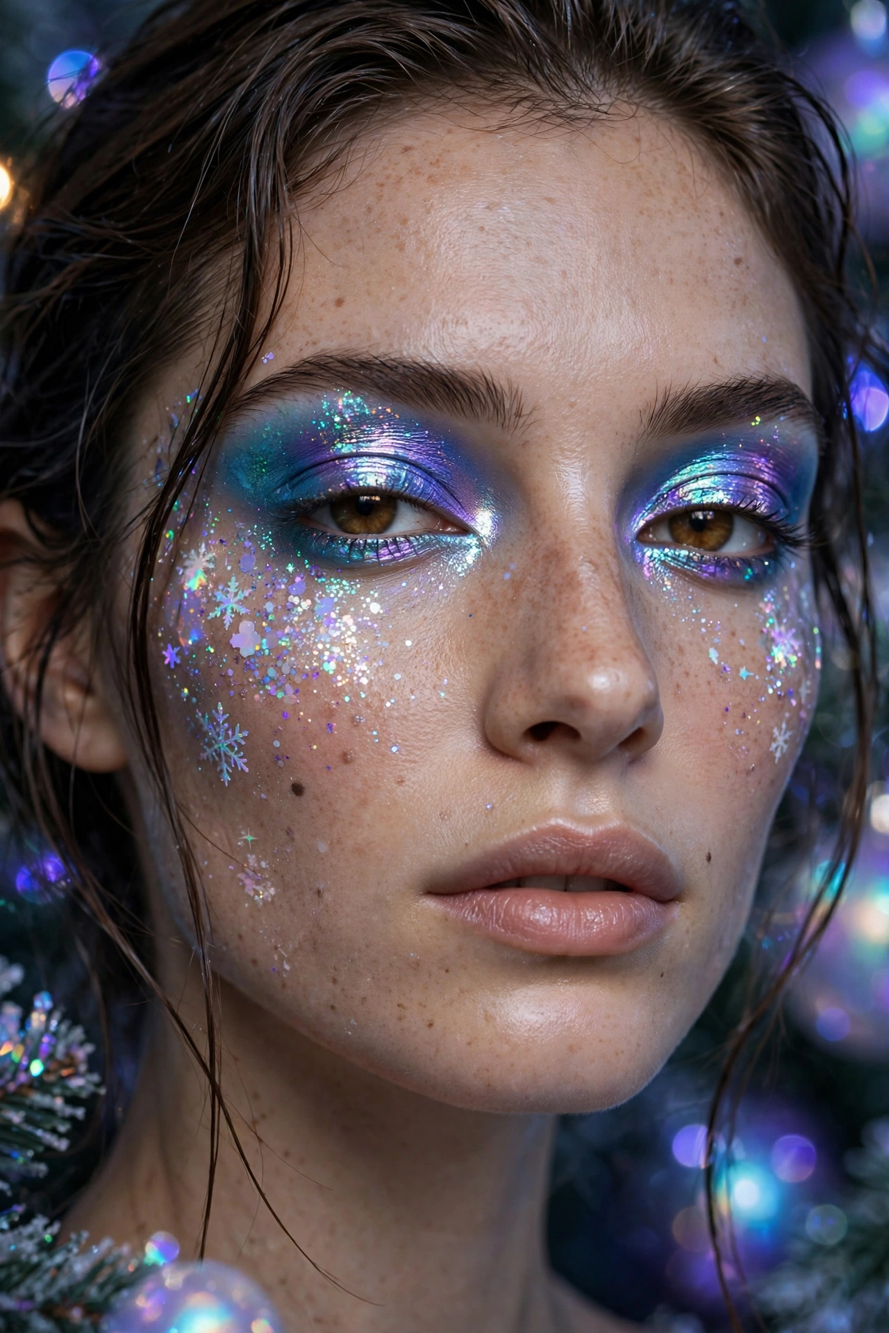 Opalescent makeup idea 5 - mermaid chrome multichrome eyeshadow shifting teal blue to violet, holographic Christmas makeup