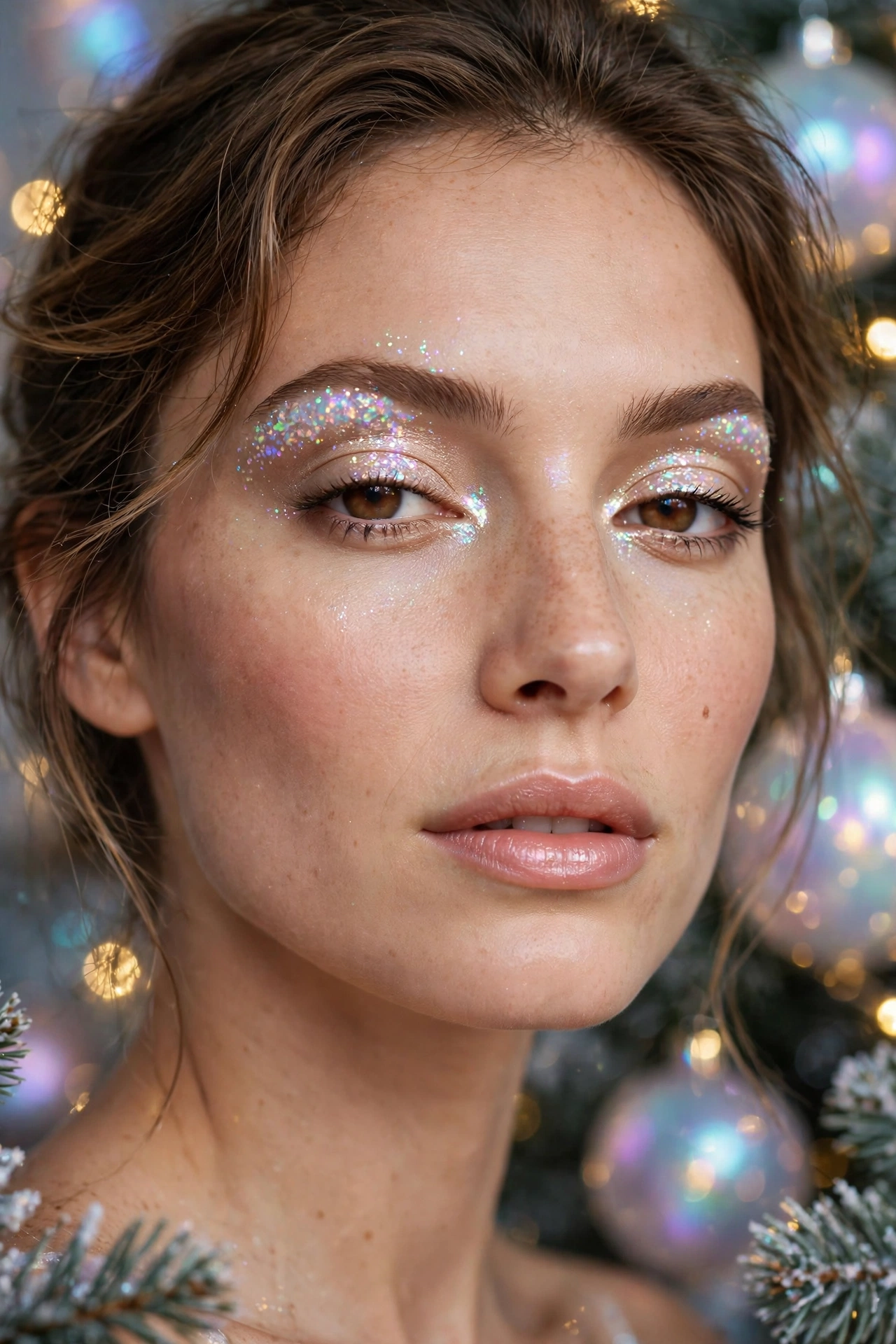 Opalescent makeup idea 6 - holographic glitter topper over champagne shimmer eyeshadow, festive holiday makeup look