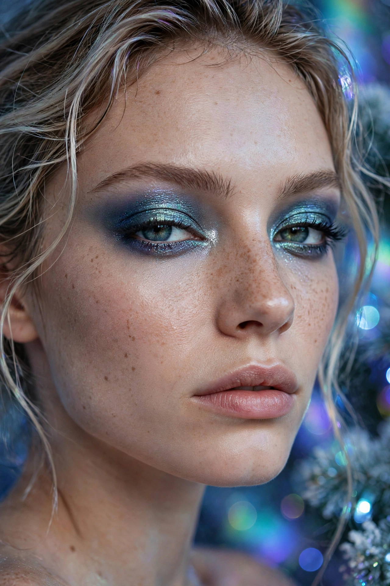 Opalescent makeup idea 9 - aurora smoky eye makeup with violet blue and green duochrome shift, holographic Christmas glam