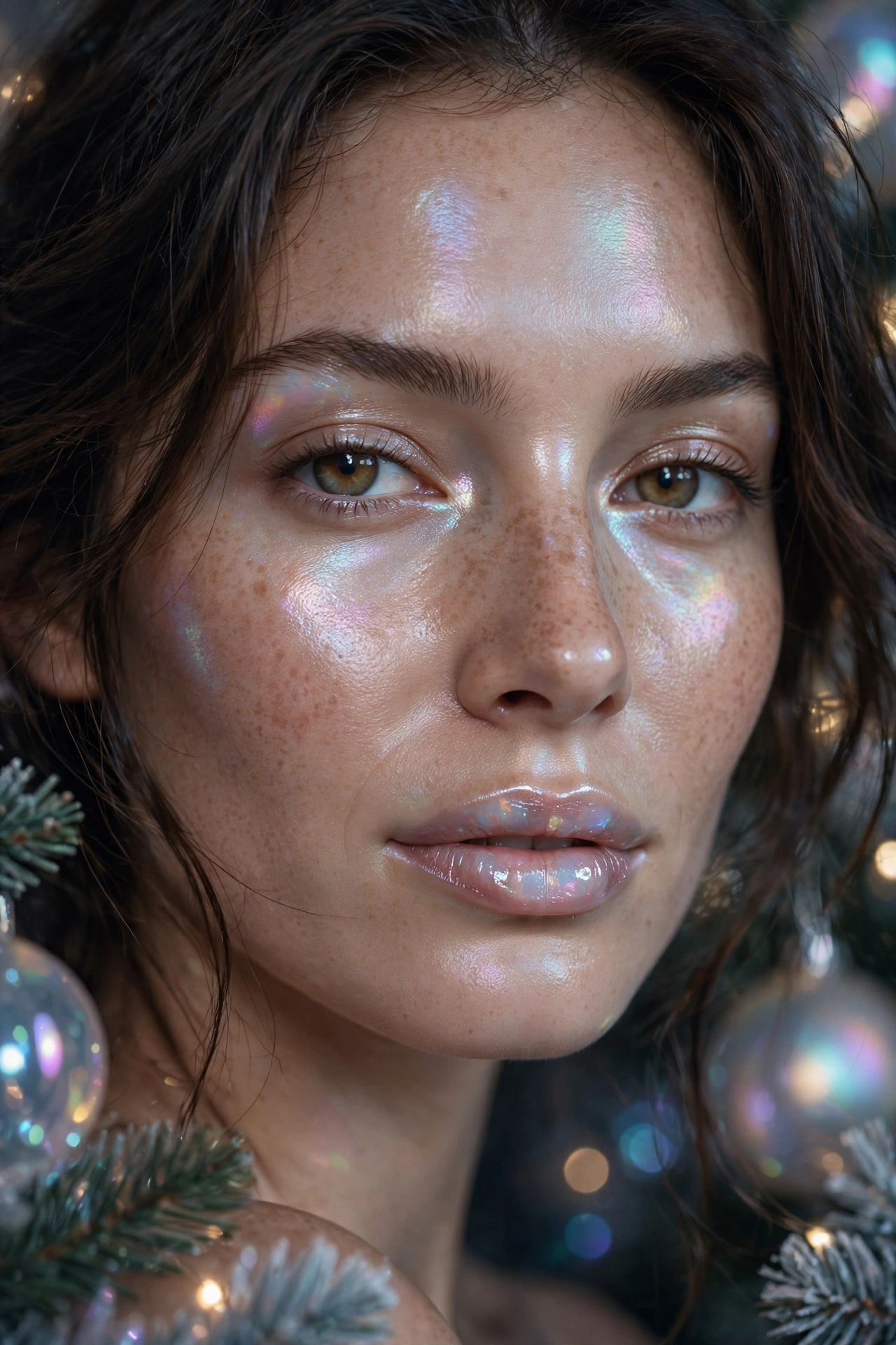 Opalescent makeup idea 10 - glass skin with pearl opalescent highlighter and opal gloss lips, minimal holiday makeup