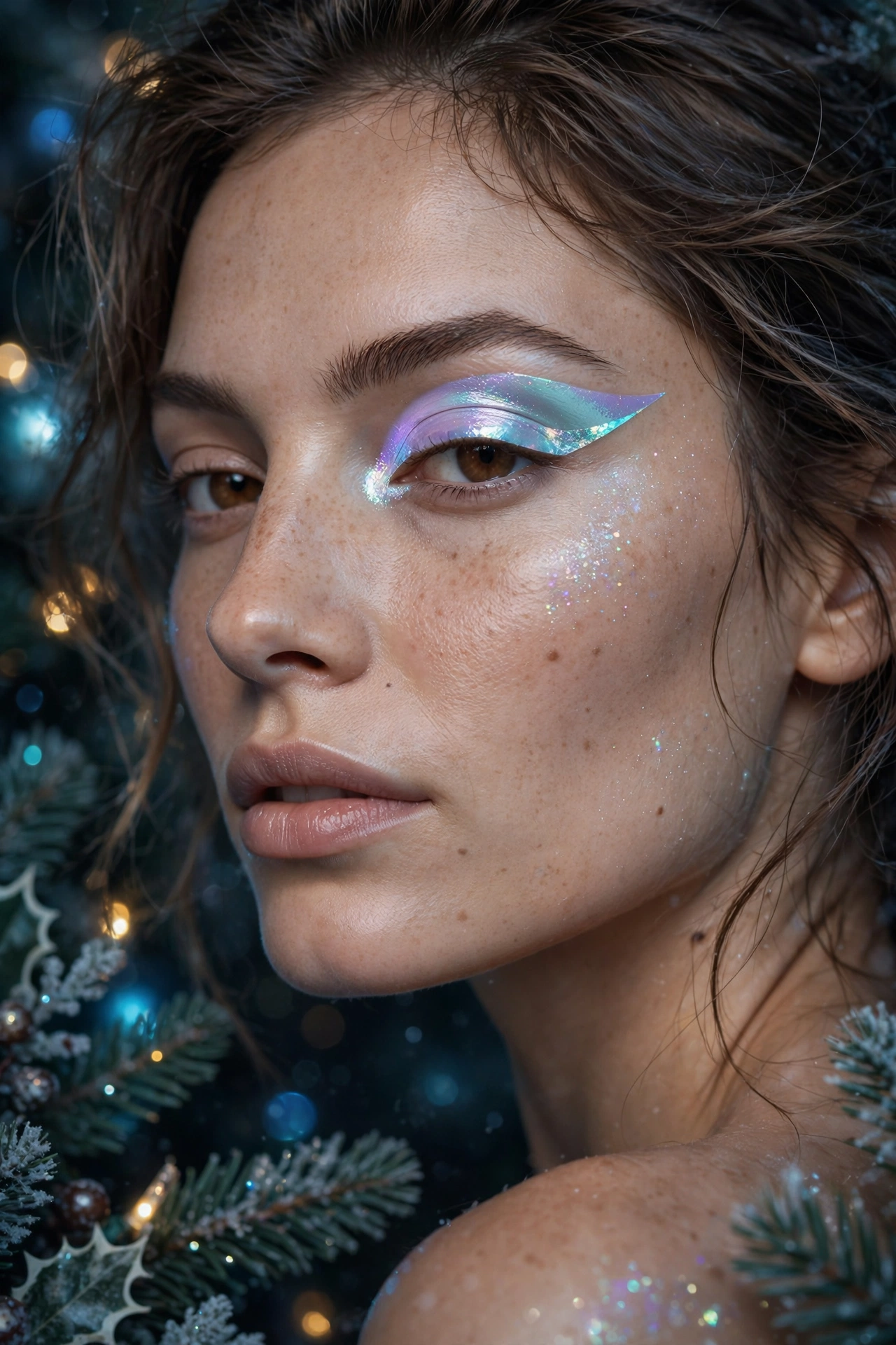 Opalescent makeup idea 11 - iridescent holographic winged eyeliner on bare lid shifting lilac aqua, Christmas makeup look