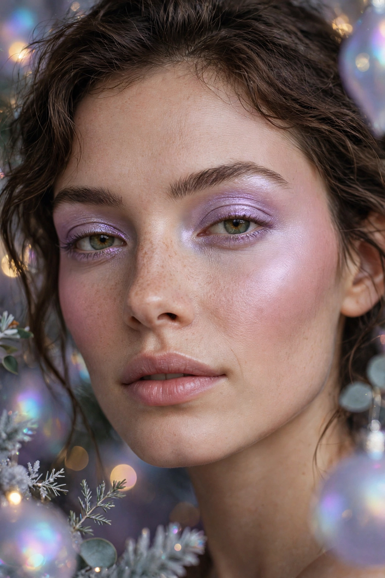 Opalescent makeup idea 12 - lavender opal blush draping to temples with lilac shimmer eyeshadow, romantic holiday makeup