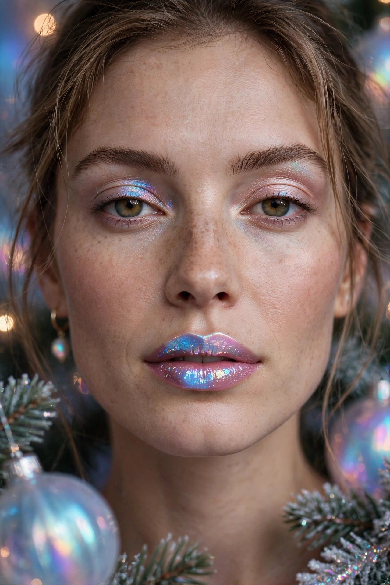 Opalescent makeup idea 13 - holographic lip topper over mauve lipstick with blue pink shift, Christmas party makeup