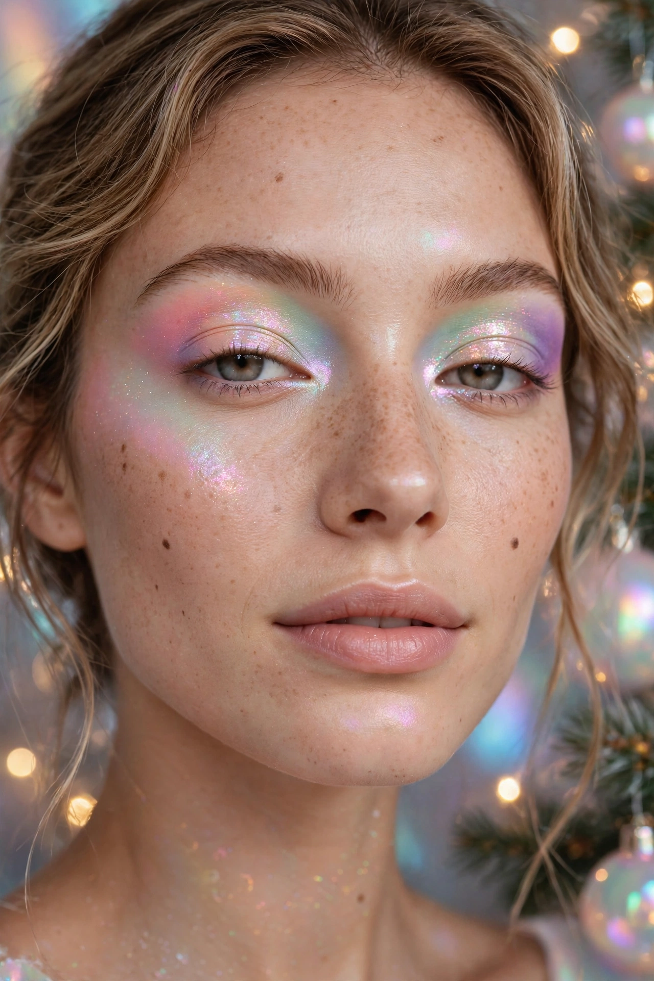 Opalescent makeup idea 14 - soft pastel opal rainbow eyeshadow pink peach mint lilac shimmer, festive makeup look