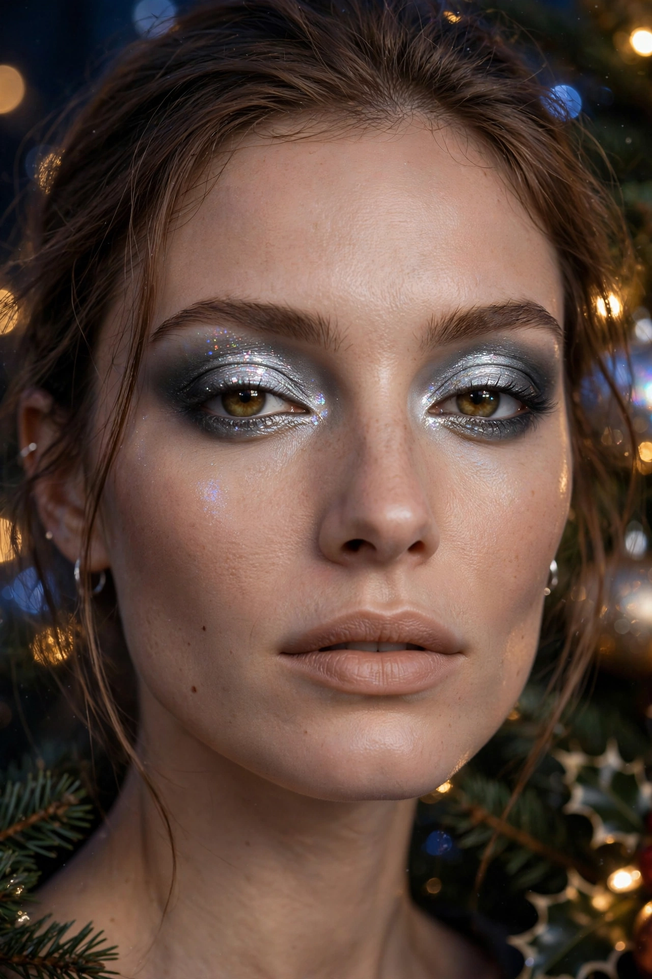 Opalescent makeup idea 15 - silver hologram smoky eye makeup with gunmetal crease and nude lip, Christmas evening glam