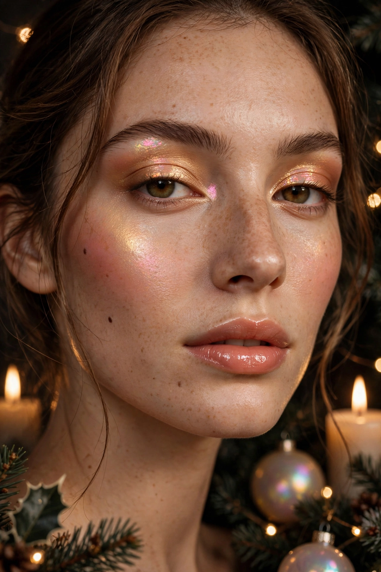Opalescent makeup idea 16 - peach opal duochrome makeup warm gold shift eyeshadow blush and gloss, candlelight holiday look