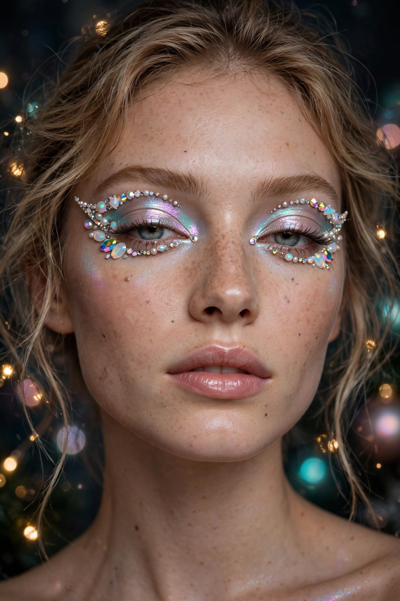 Opalescent makeup idea 17 - opal rhinestone crystal accents along wing with pearl duochrome eyeshadow, Christmas glam makeup