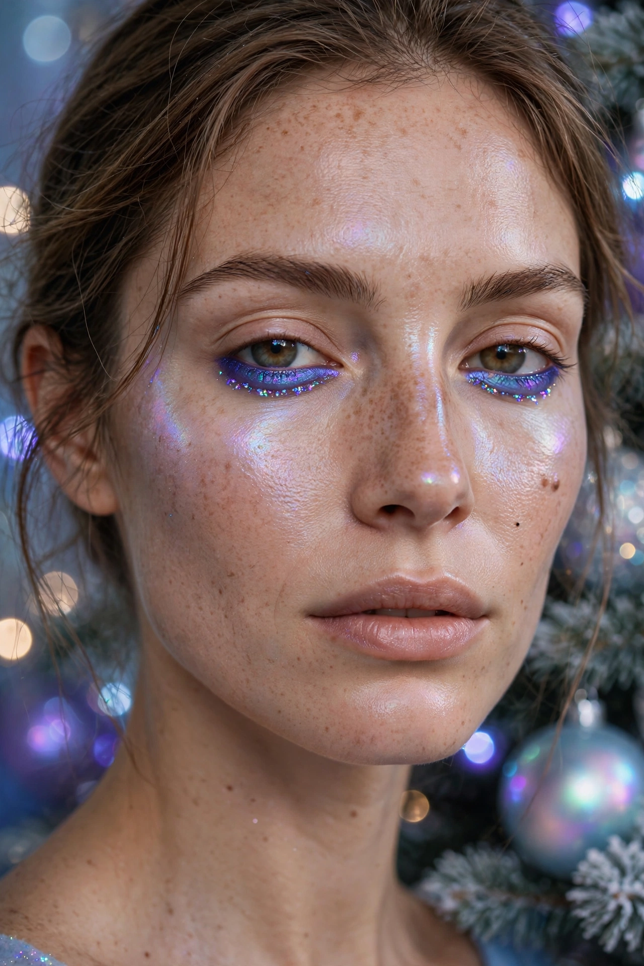 Opalescent makeup idea 18 - blue violet duochrome lower lash line makeup with neutral upper lid, holographic holiday look