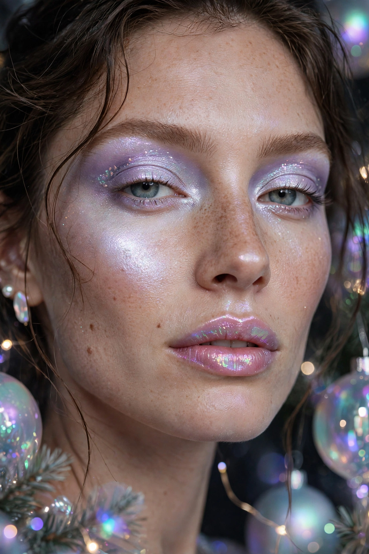 Opalescent makeup idea 20 - full opalescent glam lilac mint halo eye pearl highlight holographic gloss lip, Christmas party finale makeup