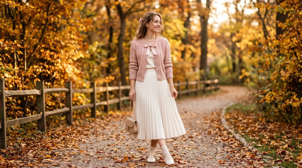 Dreamy coquette fall outfit with blush bow cardigan and cream pleated skirt