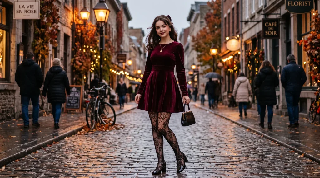 Burgundy velvet coquette fall dress with lace tights