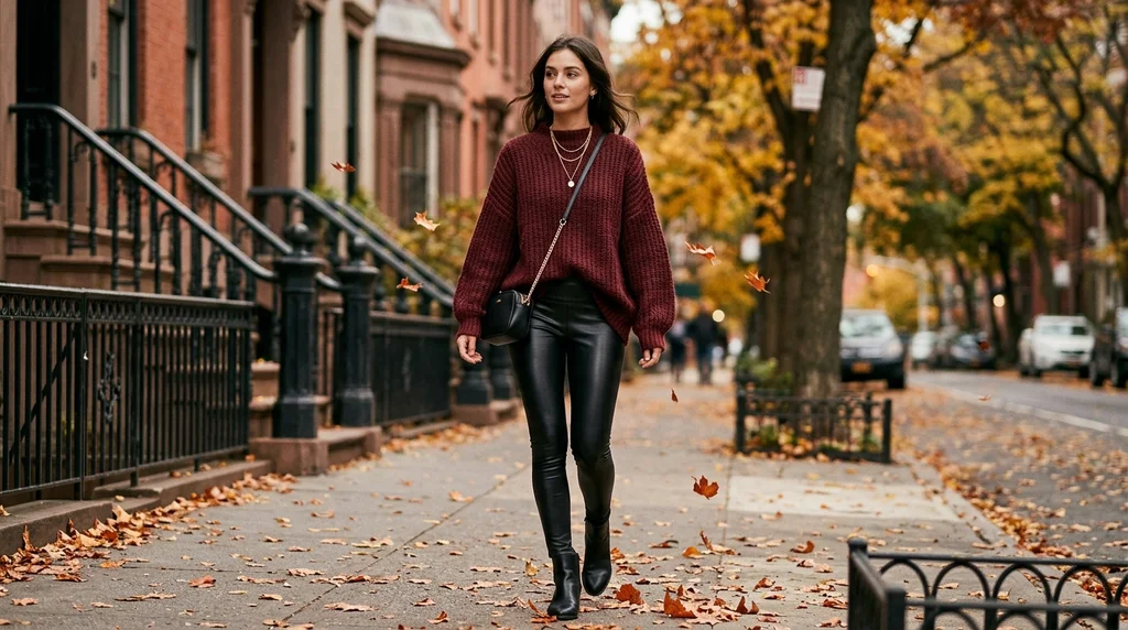 friendsgiving outfit ideas: faux leather leggings with oversized burgundy sweater