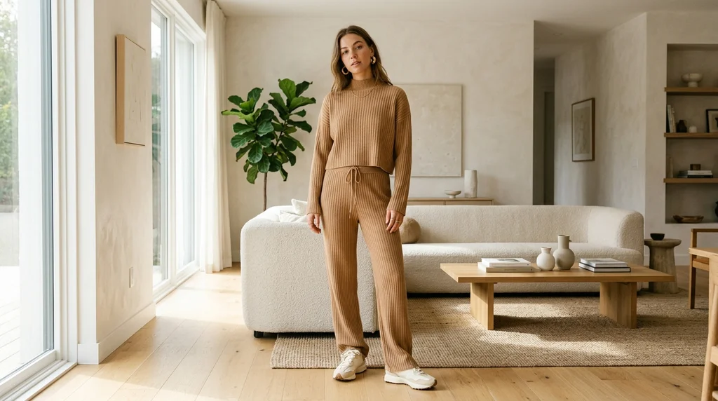 friendsgiving outfit ideas: camel matching knit set with gold hoops