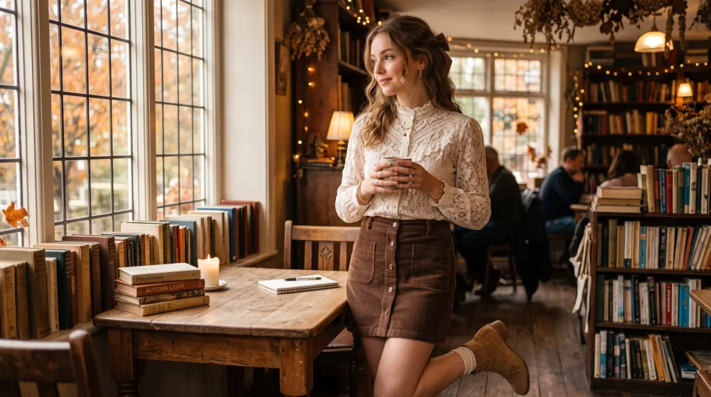 Ivory lace blouse with chocolate corduroy skirt coquette fall outfit