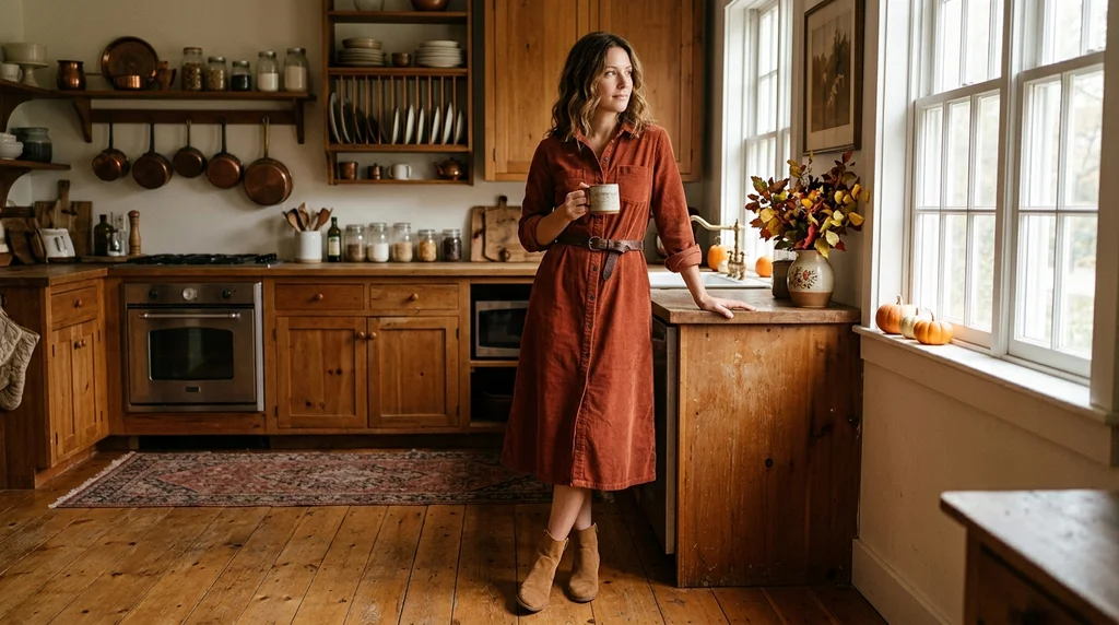thanksgiving outfits: rust corduroy shirtdress with pockets for hosting