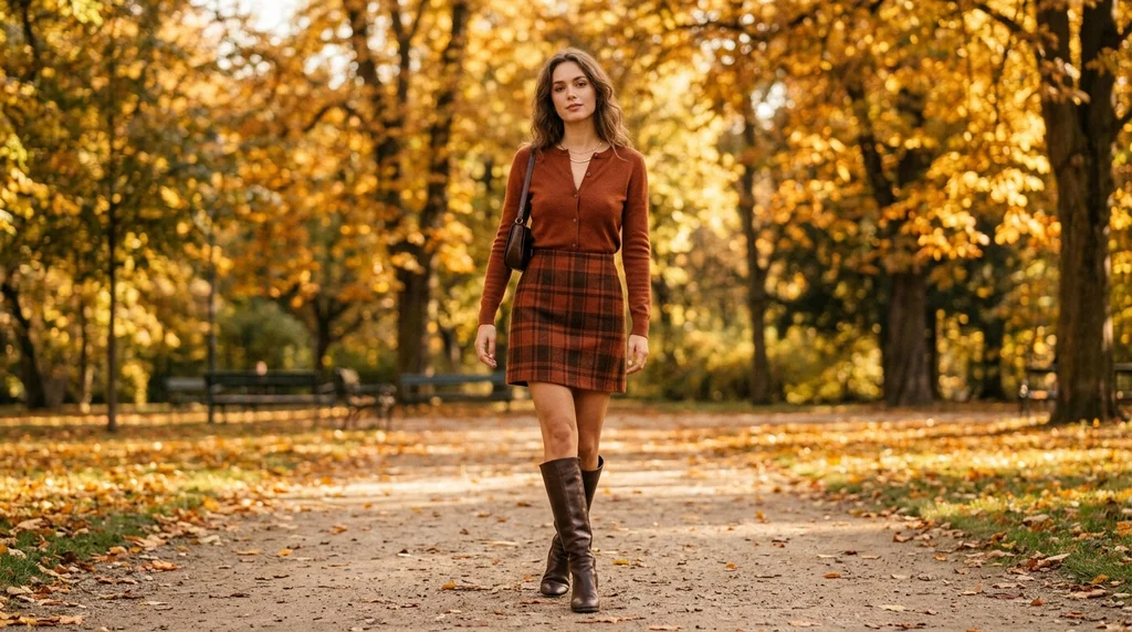 friendsgiving outfit ideas: cardigan worn as a top with plaid mini skirt and knee high boots