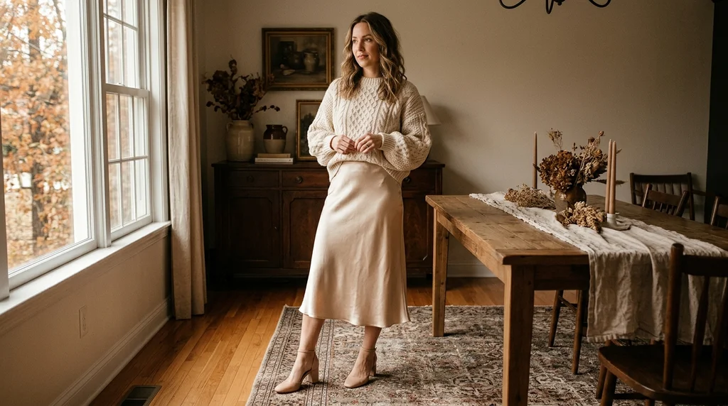 what to wear to thanksgiving dinner: cream chunky knit sweater with satin midi skirt for family dinner