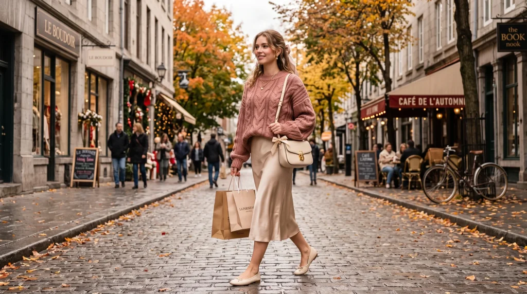 Dusty rose sweater and satin midi skirt coquette fall outfit