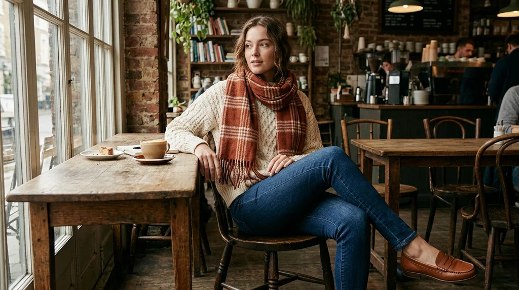 friendsgiving outfit ideas: cream cable knit sweater with dark stretch jeans