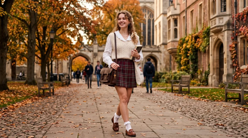 Cream cable-knit vest and plaid skirt coquette fall outfit