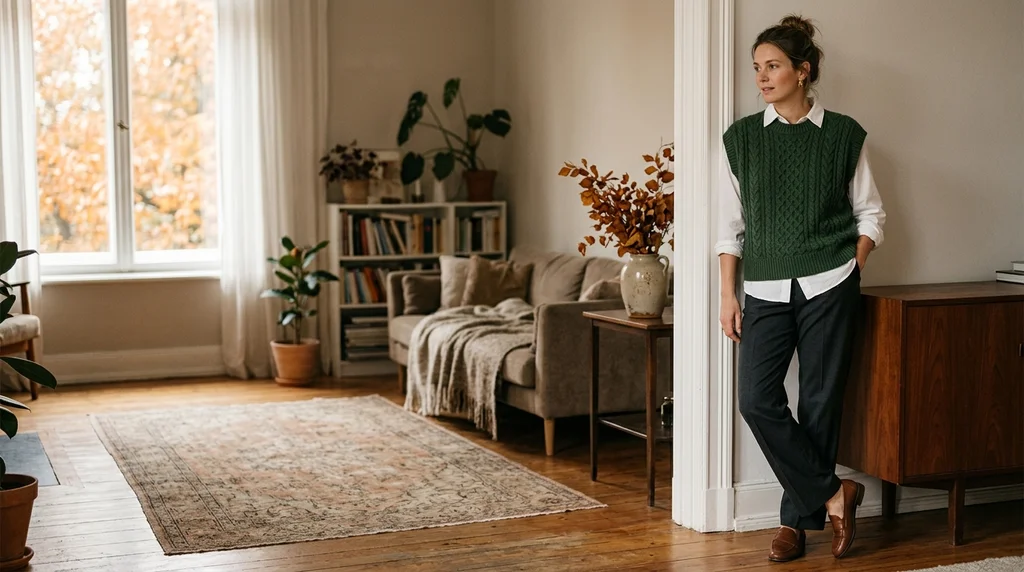 thanksgiving outfits: forest green sweater vest with white shirt for family dinner