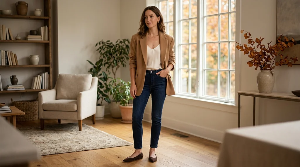 thanksgiving outfits: camel blazer with stretch denim for meeting the in-laws