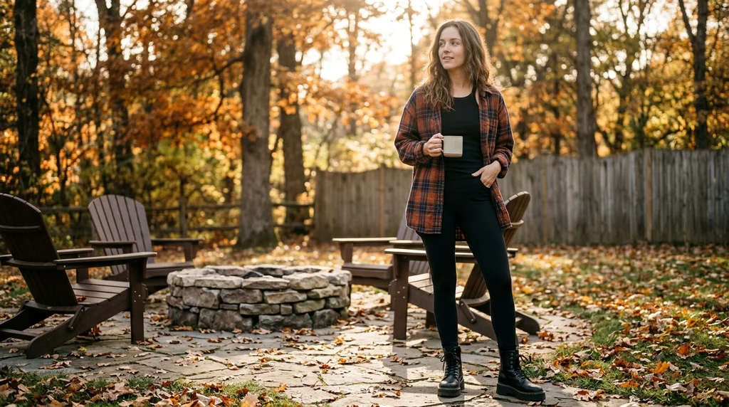 friendsgiving outfit ideas: rust oversized flannel with black leggings and chunky boots