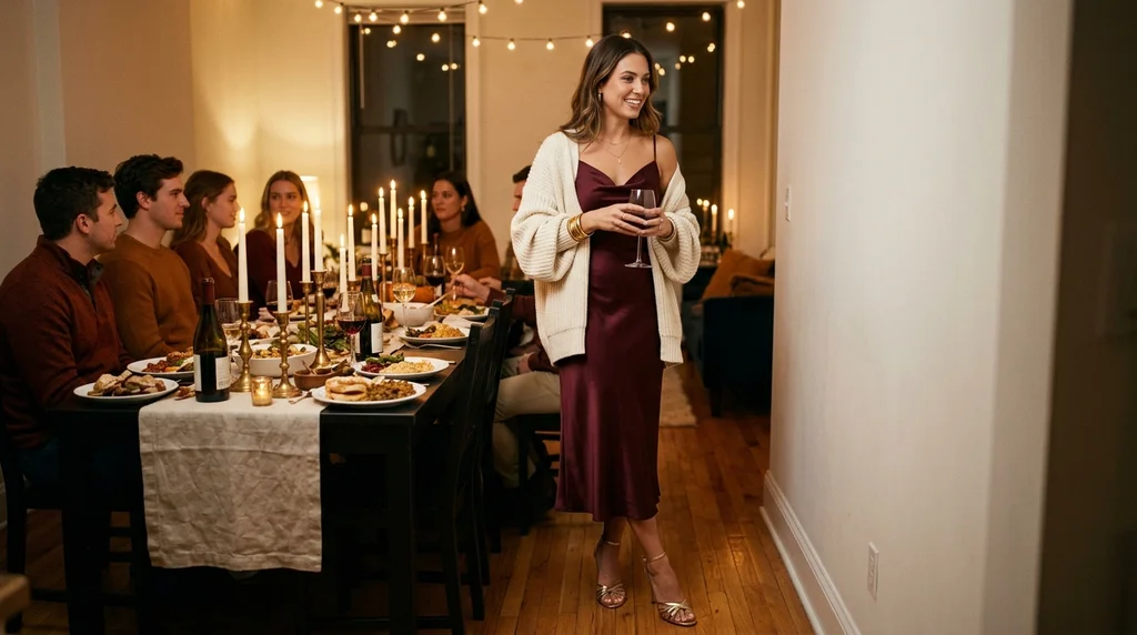 friendsgiving outfit ideas: burgundy slip dress with cardigan and strappy heels