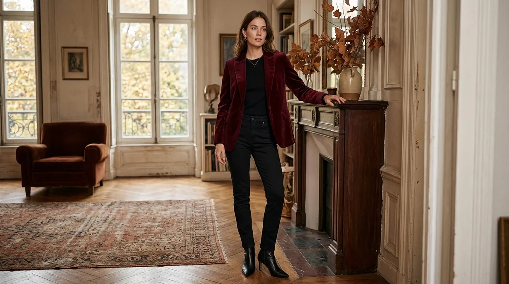 thanksgiving outfits: burgundy velvet blazer with black jeans