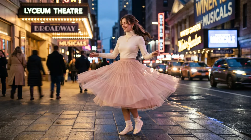 Blush tulle skirt and turtleneck coquette fall outfit
