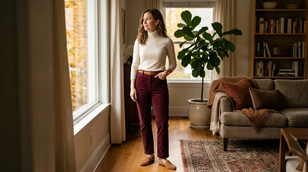 thanksgiving outfits: cream turtleneck with burgundy corduroy pants