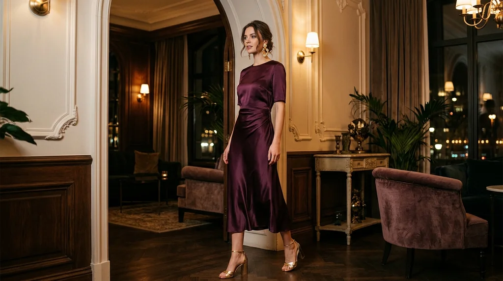 friendsgiving outfit ideas: deep plum satin midi dress with gold heels