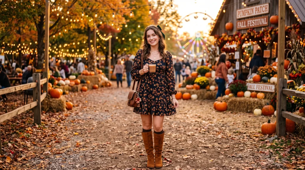 Floral babydoll dress with knee-high boots coquette fall outfit