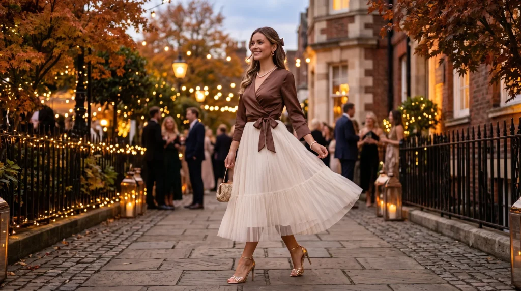 Mocha wrap top and tulle skirt coquette fall outfit