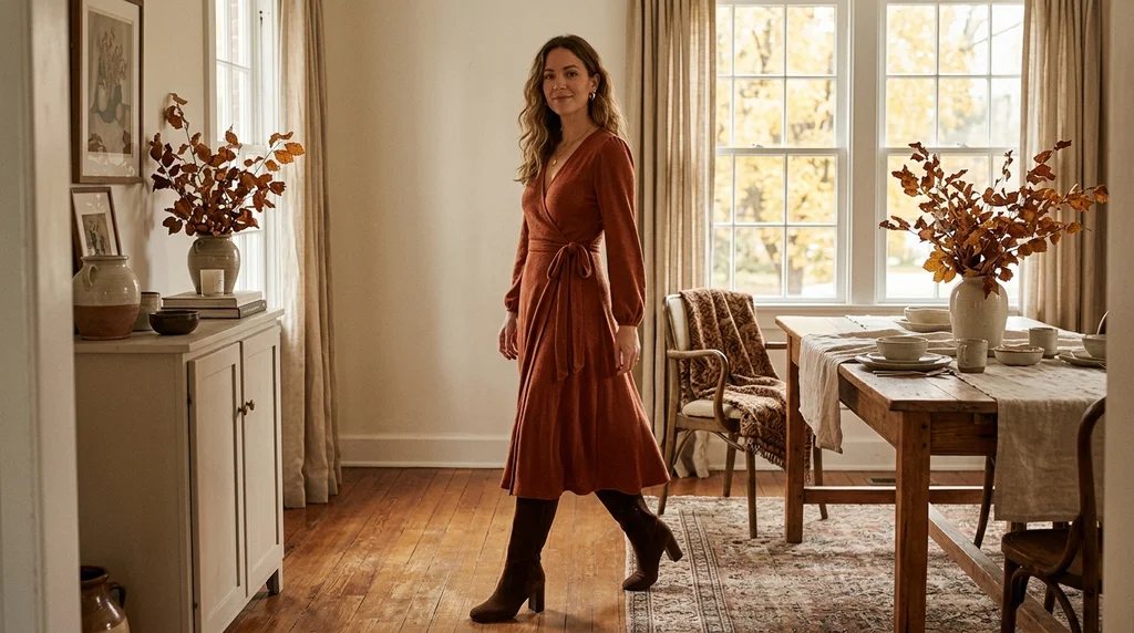 what to wear to thanksgiving dinner: rust wrap dress for a dressy dinner