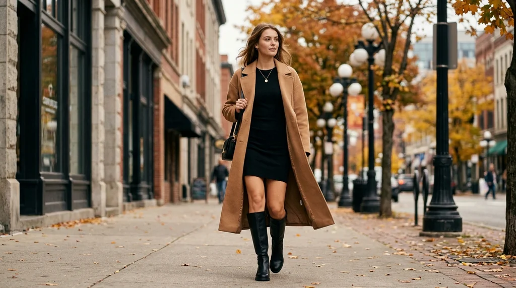 friendsgiving outfit ideas: black mini dress with knee high boots and camel coat