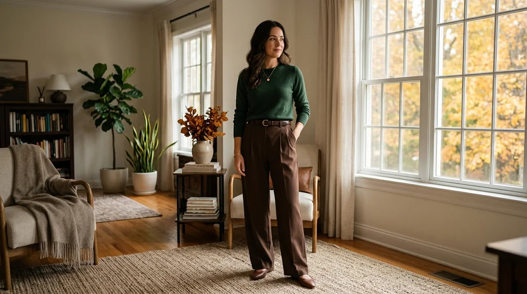thanksgiving outfits: chocolate wide leg trousers with forest green knit